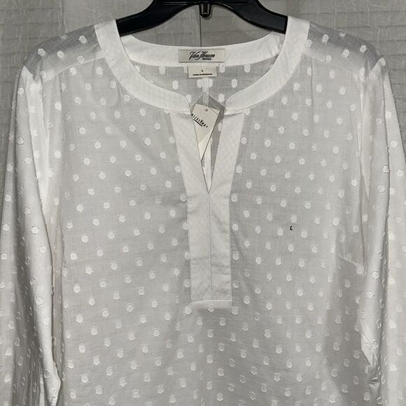 Van Heusen L White Cotton Swiss Dot Long Tab Roll up Sleeve V-Neck Top - Picture 3 of 14